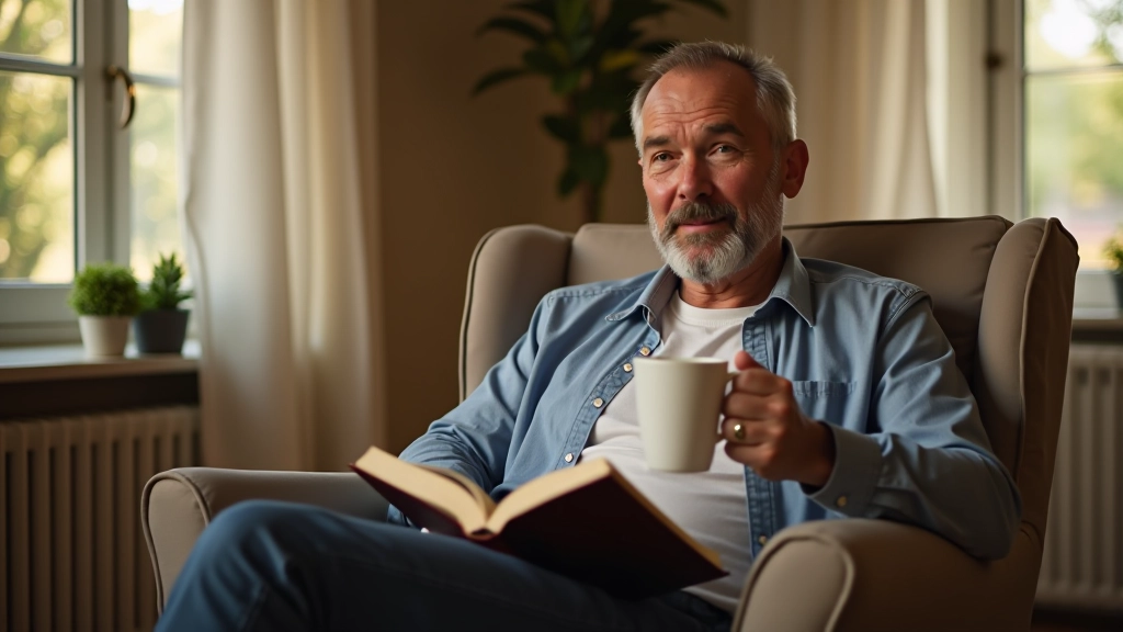 Vader zit rustig met een kop koffie in een stille hoek van het huis, boek op schoot