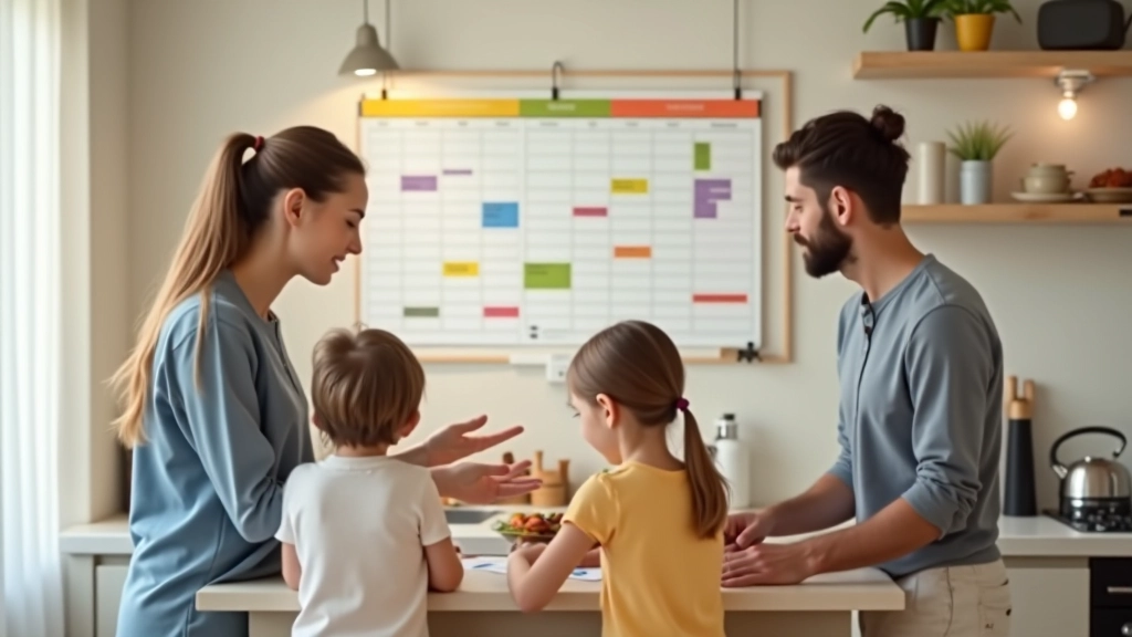 Gezin organiseert schema's voor kinderopvang en school in een moderne huiskamer met kleurrijke kalenders