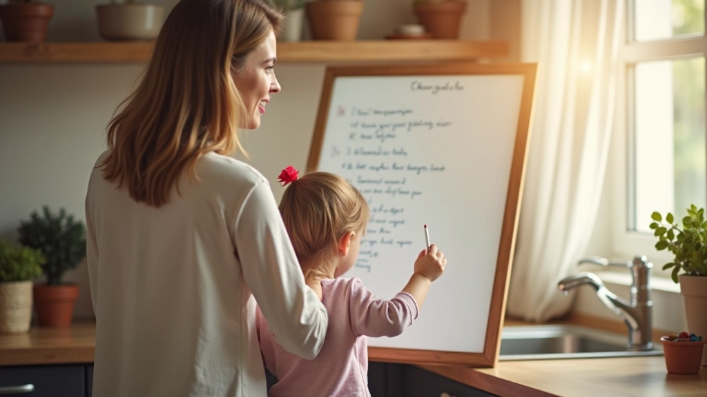 Moeder en kind kijken samen naar een huishoudschema op een whiteboard in de keuken