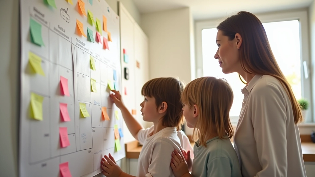 Moeder met twee kinderen kijkend naar een schoolkalender op de muur met kleurrijke notities